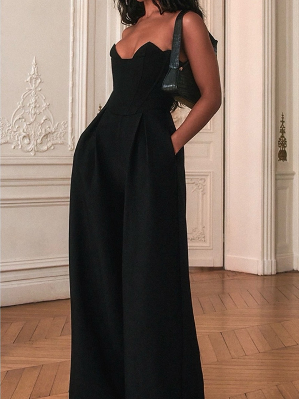 Prettylittlething Women's Black corset Wide-Leg Jumpsuit